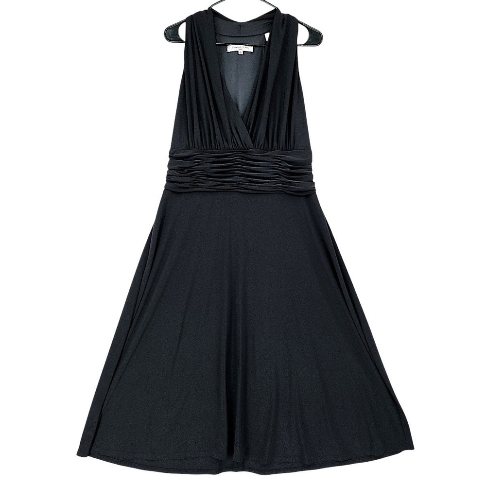Evan Picone Maxi Dress 16 Black Jersey Empire Waist Ruched Sleeveless V-Neck 47"